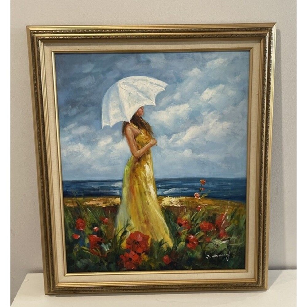 Woman Holding Umbrella By The Ocean - Oil Painting On Canvas By F. ANTHONY